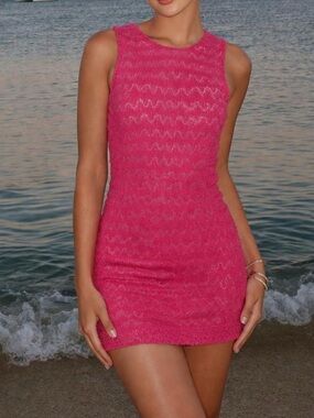 M Missoni sequin embellished crochet knit hot pink lurex Mini Dress luxury